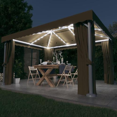 vidaXL Prieel met gordijn en LED-lichtslinger 4x3 m taupe, Tuin en Terras, Partytenten, Nieuw, Verzenden