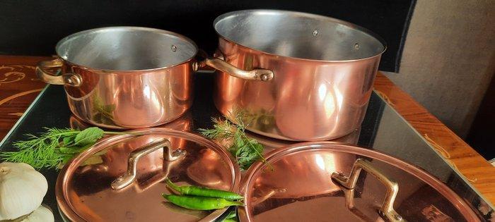 Pan (2) - TWEE PAN MET DEKSEL - Koper, Binnen kant vertinnen, Antiek en Kunst, Antiek | Keukengerei