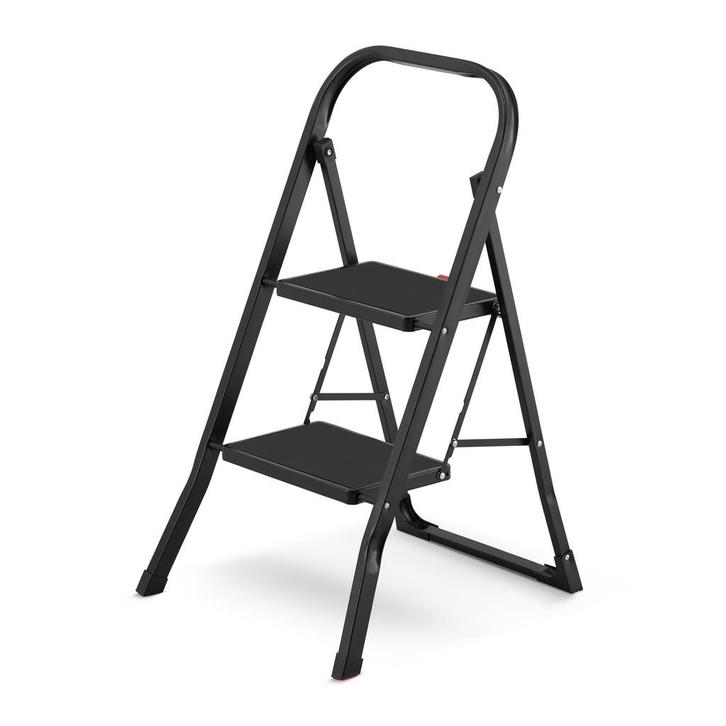 Huishoudtrap 2 treden - stalen ladder - opvouwbaar - zwart, Doe-het-zelf en Bouw, Ladders en Trappen, Nieuw, Ophalen of Verzenden