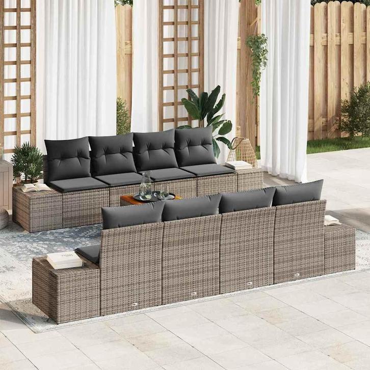 vidaXL Tuinbank Set met kussen 9 pcs Grijs poly rattan, Jardin & Terrasse, Ensembles de jardin, Envoi