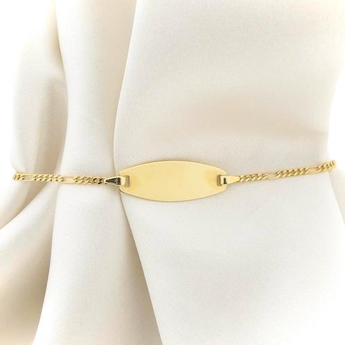 Gouden Figaro schakel armband met graveerplaatje | 15 cm, Handtassen en Accessoires, Armbanden, Overige kleuren, Gebruikt, Goud