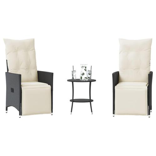 vidaXL 3-delige Bistroset met kussens poly rattan zwart, Tuin en Terras, Tuinsets en Loungesets, Nieuw, Verzenden