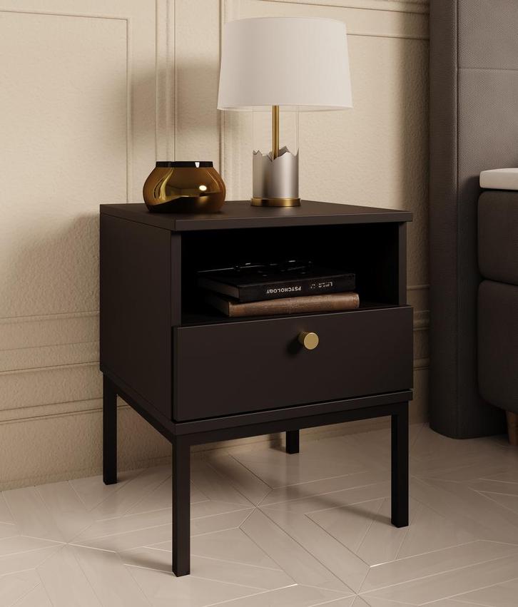 Meubella Nachtkastje zwart 40cm 1 lade metalen poten, Huis en Inrichting, Kasten | Overige, Nieuw, Verzenden