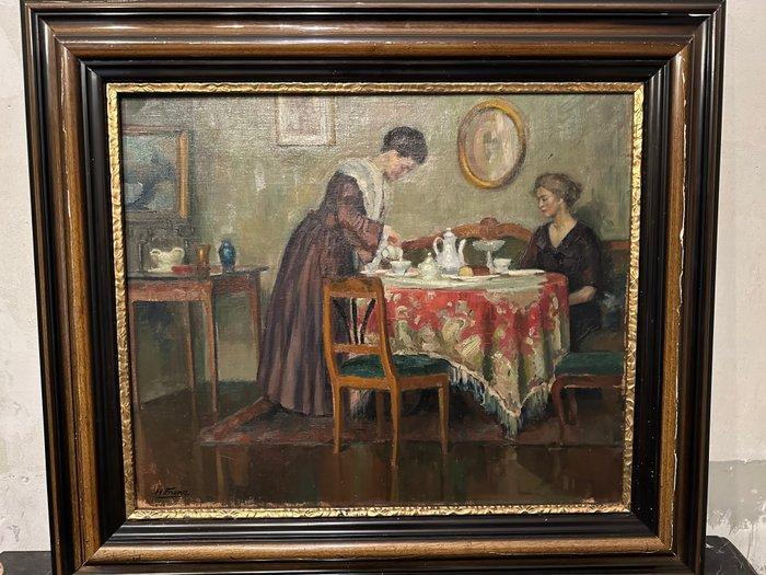 Heinrich Franz (1871-1942) - 2 Dames aan een theetafel., Antiek en Kunst, Kunst | Schilderijen | Klassiek
