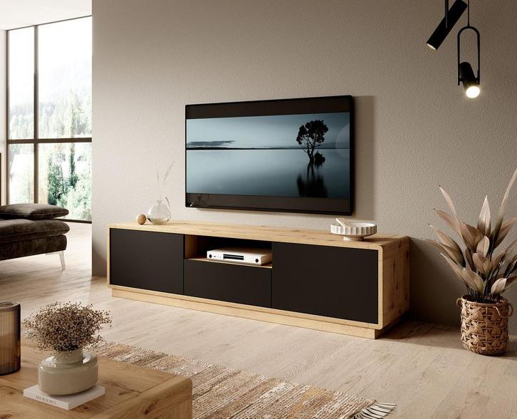 Meubella | TV-Meubel eiken mat zwart 180x40x45 cm, Huis en Inrichting, Kasten |Televisiemeubels, 25 tot 50 cm, Nieuw, Overige materialen