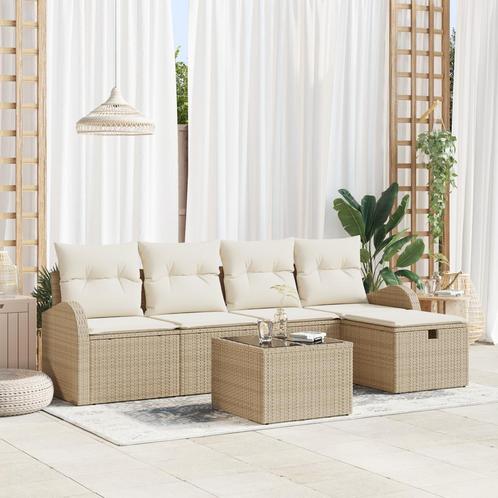 vidaXL 6-delige tuinsofa set met kussens in beige poly riet, Tuin en Terras, Tuinsets en Loungesets, Nieuw, Verzenden