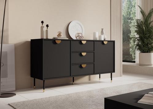 Meubella | Dressoir 150x40x78 cm mat zwart met goud, Huis en Inrichting, Kasten | Dressoirs, 25 tot 50 cm, Nieuw, 150 tot 200 cm