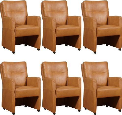 Set van 6 Cognac leren landelijke eetkamerfauteuils -, Huis en Inrichting, Stoelen, Overige kleuren, Vijf, Zes of meer stoelen