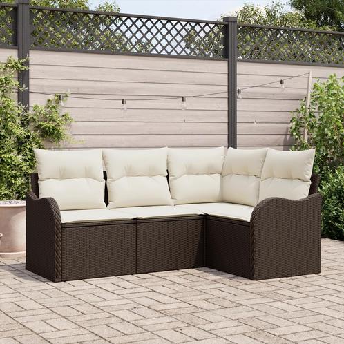 vidaXL 4-delige ligbedset met kussens bruin poly riet, Tuin en Terras, Tuinsets en Loungesets, Nieuw, Verzenden
