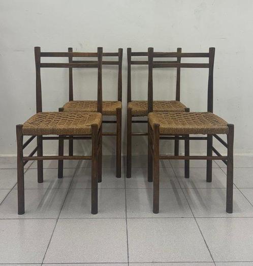 Stoel - Hout, Touw - Zet vier stoelen, Antiek en Kunst, Kunst | Designobjecten