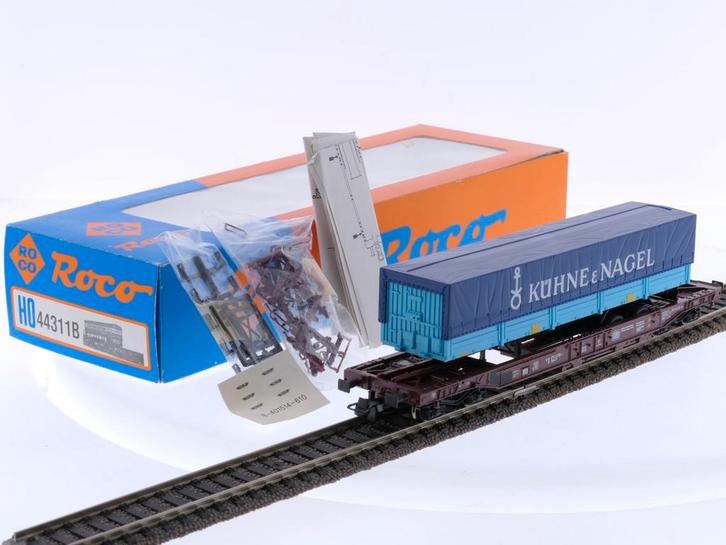 Schaal H0 Roco 44311B dieplader wagen Sdkms 707 Kühne &..., Hobby en Vrije tijd, Modeltreinen | H0, Gelijkstroom, Analoog, Zo goed als nieuw