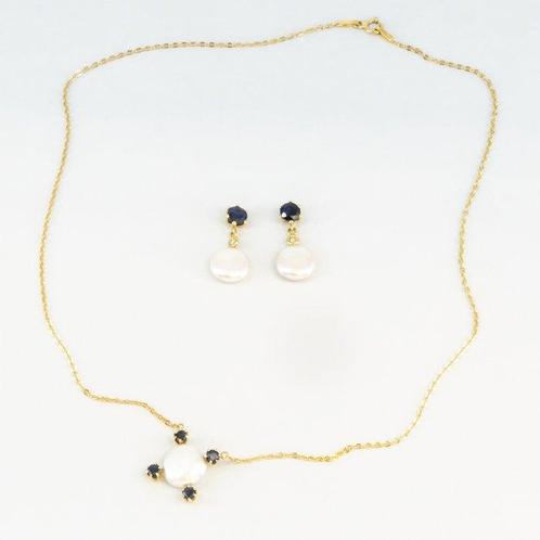 2-delige sieradenset - 18 karaat Geel goud Parel - Saffier, Handtassen en Accessoires, Antieke sieraden