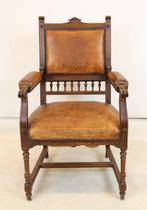 Fauteuil - Bois, Cuir - Chaise du château, Antiquités & Art