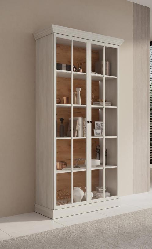 Meubella | Vitrinekast wit eiken glazen opbergkast 102cm, Huis en Inrichting, Kasten | Vitrinekasten, 25 tot 50 cm, Nieuw, 100 tot 150 cm
