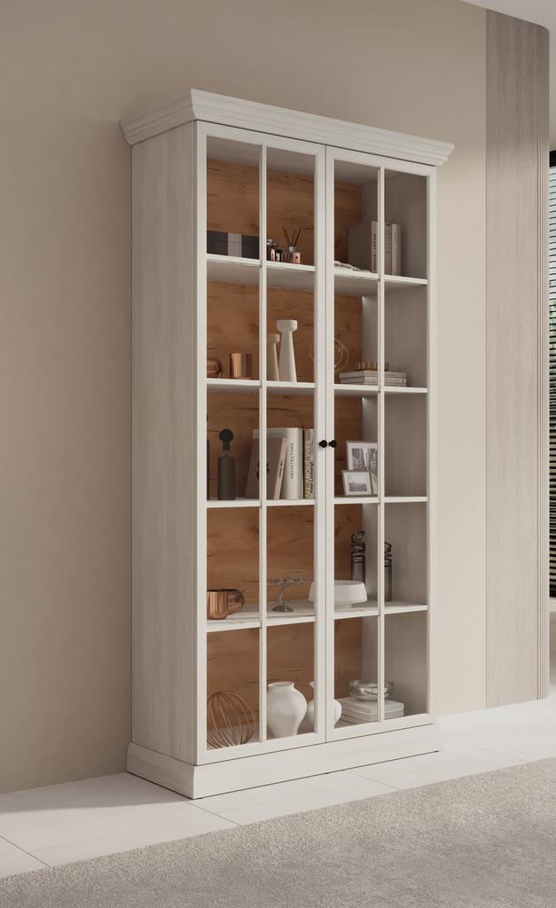 Meubella | Vitrinekast wit eiken glazen opbergkast 102cm, Huis en Inrichting, Kasten | Vitrinekasten, 25 tot 50 cm, Nieuw, 100 tot 150 cm
