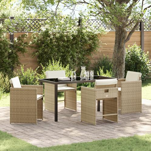 vidaXL 5-delige Tuinset met Kussens - Beige Poly Rattan, Tuin en Terras, Tuinstoelen, Nieuw, Verzenden