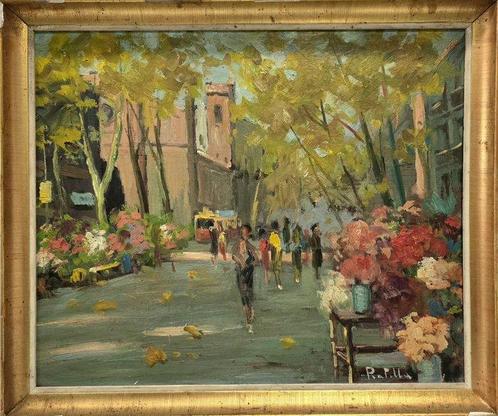 École Catalane (XX) - Marcher parmi les fleurs, Antiek en Kunst, Kunst | Schilderijen | Klassiek