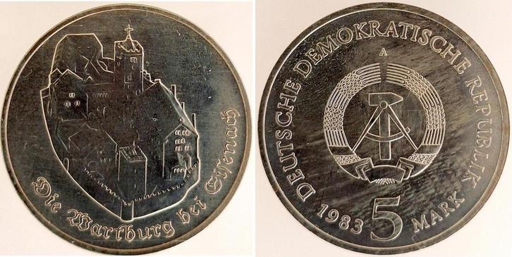 Duitsland 5 Mark Wartburg Eisenach 1983 A stgl, Postzegels en Munten, Munten | Europa | Niet-Euromunten, België, Verzenden