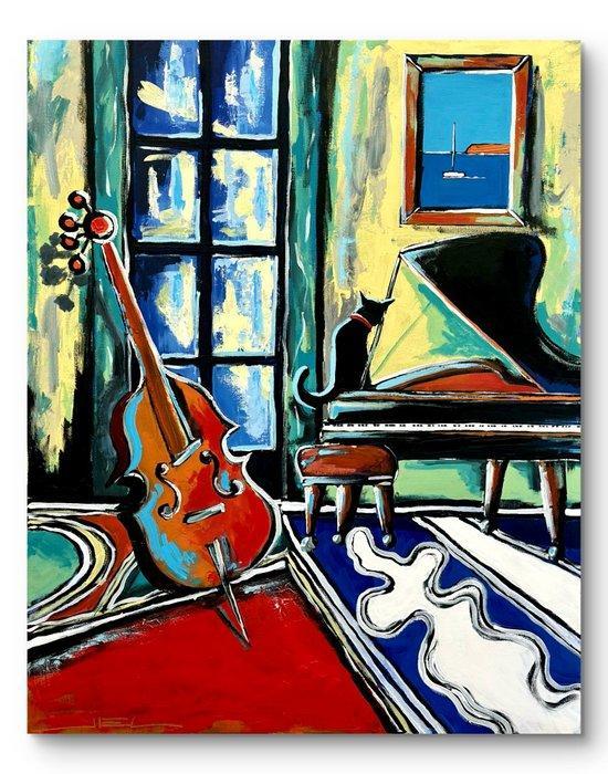 Jiel - Chat noir au vieux Piano et violoncelle, in Paris ( X, Antiek en Kunst, Kunst | Schilderijen | Modern