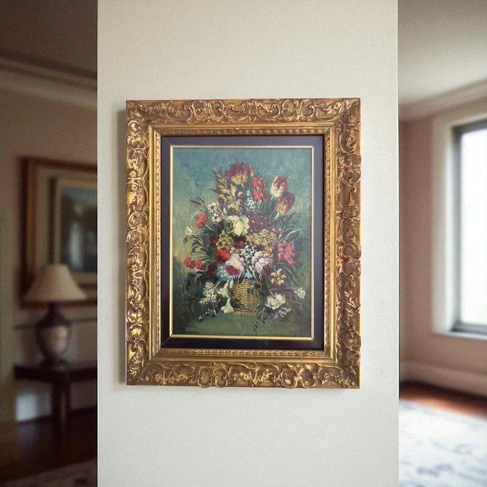 Europese school (XX) - A still life of flowers in a basket, Antiek en Kunst, Kunst | Schilderijen | Klassiek