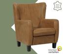 Leren fauteuil Hug - Kenia Brown (bruin) - Poten hout zwart, Huis en Inrichting, Nieuw, Ophalen of Verzenden, 75 tot 100 cm, Eigentijds, Klassiek, Retro, Romantisch