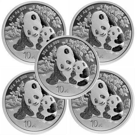 China. 5 x 2024 30g ¥10 CNY Silver Panda Coin BU (In, Postzegels en Munten, Edelmetalen en Baren
