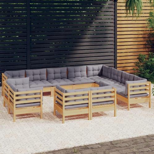 vidaXL 12-delige Loungeset met grijze kussens massief, Tuin en Terras, Tuinsets en Loungesets, Loungeset, Nieuw, Verzenden