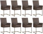 Set van 8 Grijze leren industriële eetkamerstoelen - poot, Overige kleuren, Nieuw, Leer, Ophalen of Verzenden