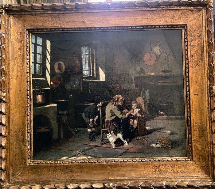 Italiaanse school (XX) - Scena familiare in un interno, Antiek en Kunst, Kunst | Schilderijen | Klassiek