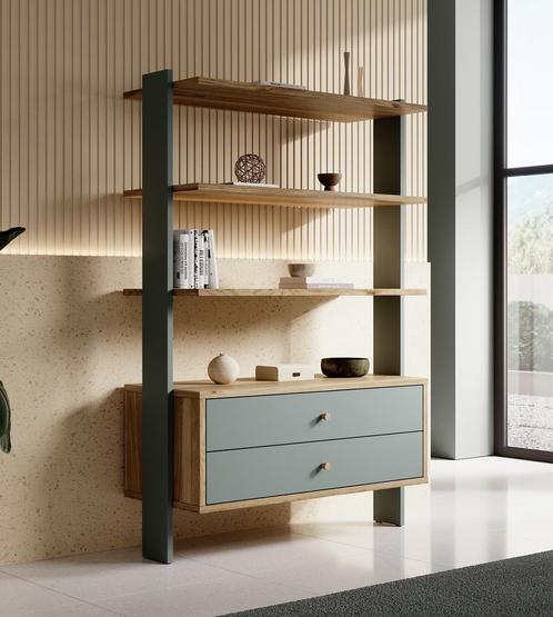 Meubella | Boekenkast groen eiken 44cm | Modern met lades, Huis en Inrichting, Kasten | Boekenkasten, 25 tot 50 cm, Nieuw, 100 tot 150 cm