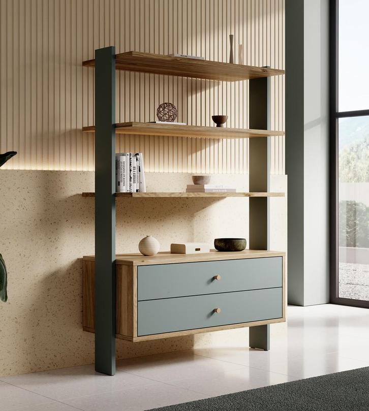 Meubella | Boekenkast groen eiken 44cm | Modern met lades, Huis en Inrichting, Kasten | Boekenkasten, 25 tot 50 cm, Nieuw, 100 tot 150 cm