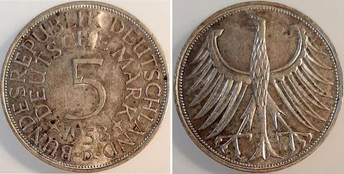 5 Mark Duitsland 5 Dm duitse Mark zilveradler 1958d bankf..., Timbres & Monnaies, Monnaies | Europe | Monnaies non-euro, Envoi