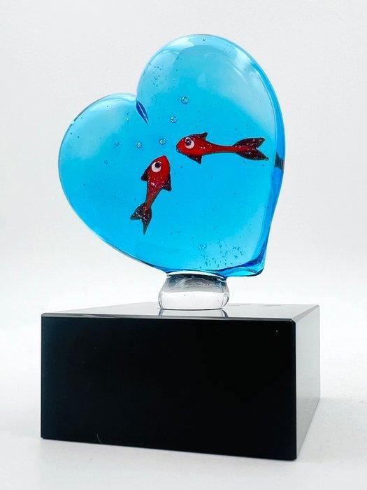 Guidotti - sculptuur, Cuore con pesci - 7 cm - Murano-glas -, Antiquités & Art, Antiquités | Verre & Cristal