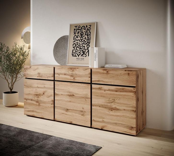 Meubella Dressoir Cainan eiken zwart 180 cm, Huis en Inrichting, Kasten | Dressoirs, 25 tot 50 cm, Nieuw, 150 tot 200 cm, Verzenden