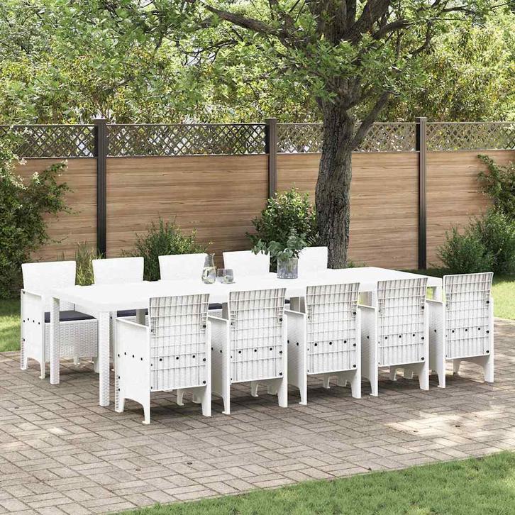 vidaXL Tuin Eettafel Set met kussen 11 pcs Wit Poly rattan &, Tuin en Terras, Tuinsets en Loungesets, Nieuw, Verzenden