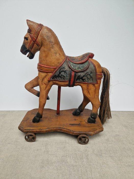 onbekend - onbekend - sculptuur, Antiek houten trekpaard op, Antiek en Kunst, Curiosa en Brocante