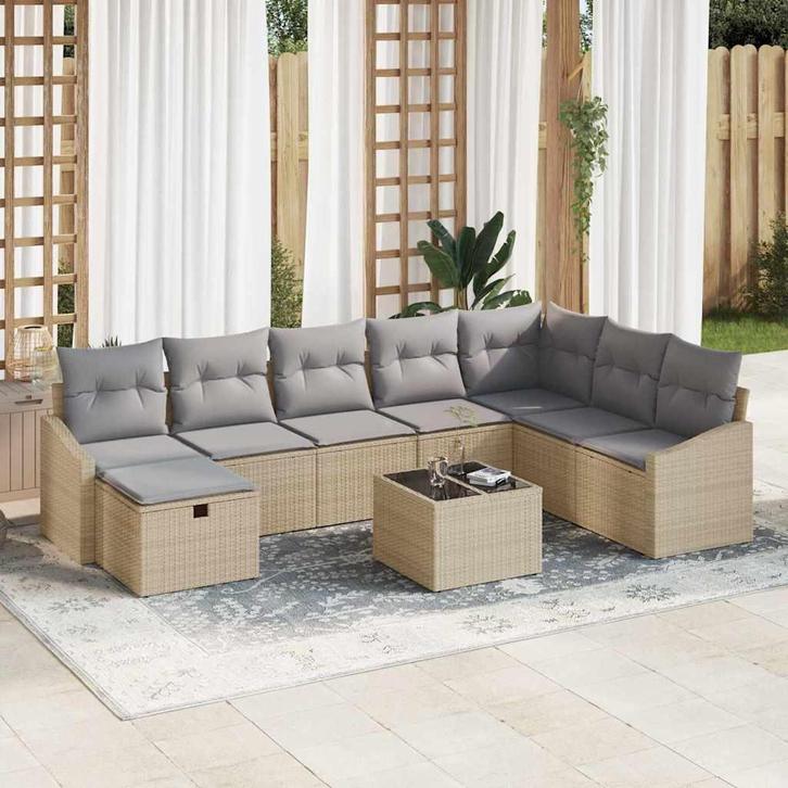 vidaXL Tuinbank Set met kussen 9 pcs Beige Poly rattan, Tuin en Terras, Tuinsets en Loungesets, Nieuw, Verzenden