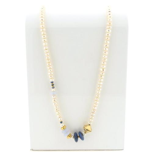 18 Krt. Gouden barokparel collier met chalcedoon en sodal..., Handtassen en Accessoires, Kettingen, Overige kleuren, Gebruikt