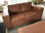Leren 2-zits bank met Franse stiknaad en houten poten -, Antiek en Kunst, Antiek | Meubels | Stoelen en Sofa's, Ophalen of Verzenden