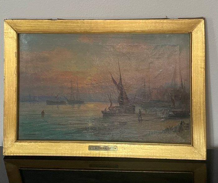 William Anslow Thornley (1858-1898) - Harbour Scene at, Antiek en Kunst, Kunst | Schilderijen | Klassiek