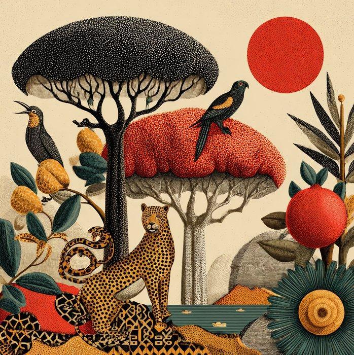 I_KONIQ - Set of 4 Boho red nature animals - 50 x 50 cm each, Antiek en Kunst, Kunst | Designobjecten