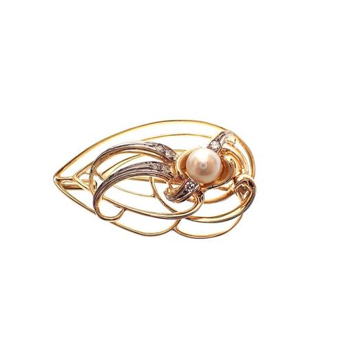 Bicolor gouden fantasie broche met parel en diamant, Handtassen en Accessoires, Broches, Overige kleuren, Gebruikt, Met edelsteen