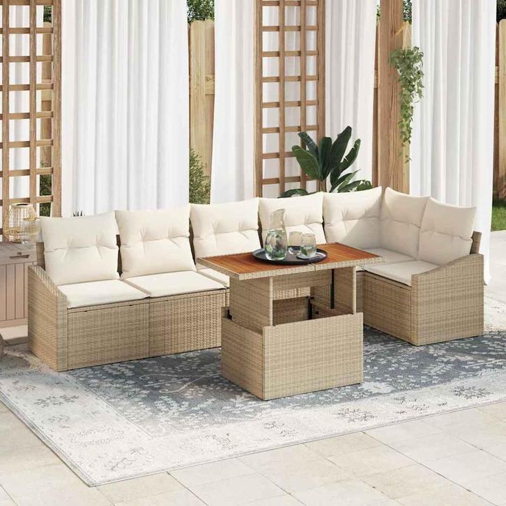 vidaXL Tuinbank Set met opslag 7 pcs Beige Poly rattan, Tuin en Terras, Tuinsets en Loungesets, Nieuw, Verzenden