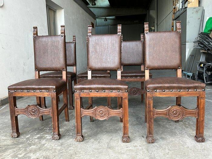 Stoel (6) - Hout, Leder - Set stoelen, Antiek en Kunst, Antiek | Overige Antiek