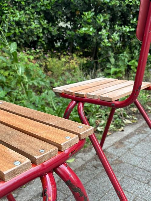 upcycled terrasstoelen  | meranti zit en bordeaux rug (14st), Tuin en Terras, Tuinstoelen, Gebruikt, Stapelbaar, Metaal, Ophalen of Verzenden
