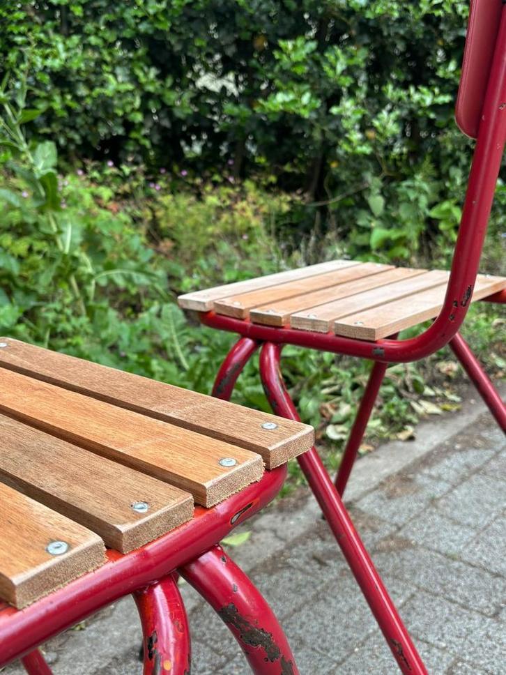 upcycled terrasstoelen  | meranti zit en bordeaux rug (14st), Tuin en Terras, Tuinstoelen, Gebruikt, Stapelbaar, Metaal, Ophalen of Verzenden