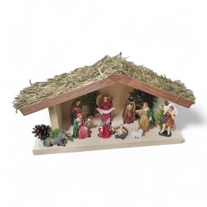 Kerststal hout met kerststal figuren - 45x16x26 cm - stro..., Diversen, Kerst, Nieuw, Ophalen of Verzenden