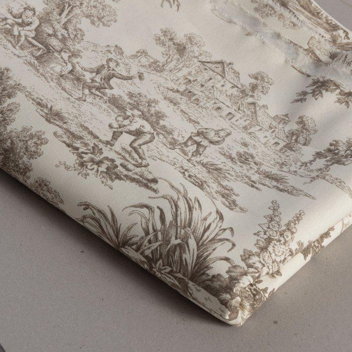 Verfijnde Toile de Jouy taupe tint - Meubelstof - 250 cm -, Antiek en Kunst, Antiek | Tapijten, Tafelkleden en Textiel