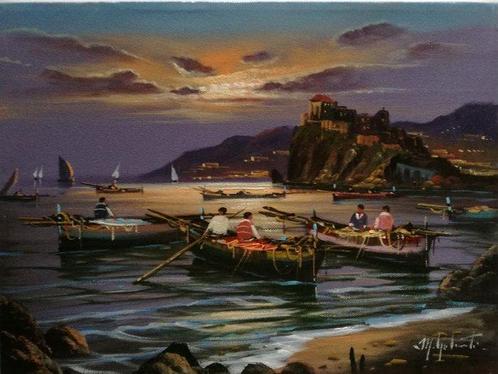 Mario Galanti (XX) - Pescatori al tramonto ad Ischia (Golfo, Antiek en Kunst, Kunst | Schilderijen | Klassiek