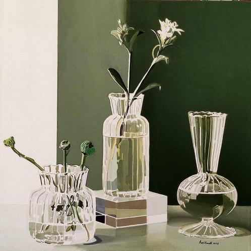 Antonio Perotti - Still Life  Vasi in vetro bianco con fiori, Antiek en Kunst, Kunst | Schilderijen | Modern